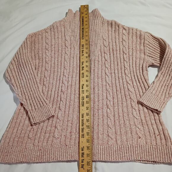 CJ Banks 1X Cable-Knit Petal-Pink Ribbed Cotton-Bend Zip-Collar Tunic Sweater - Picture 8 of 12